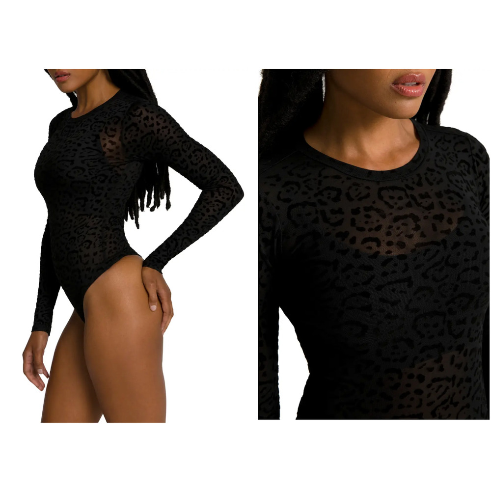 Good American Flocked Mesh Bodysuit Thong Long Sleeve Cheetah Black Size S Small